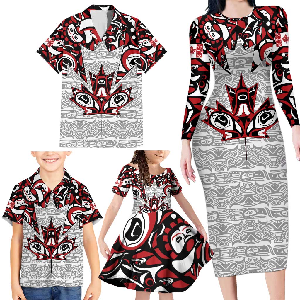 Canada Family Matching Long Sleeve Bodycon Dress and Hawaiian Shirt Haida Art-Inspired Pattern Design