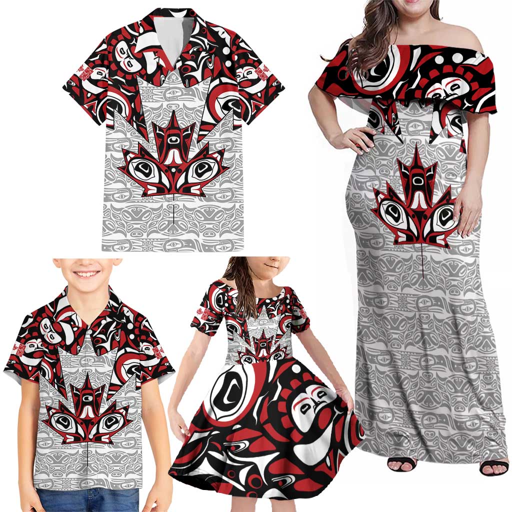 Canada Family Matching Off Shoulder Maxi Dress and Hawaiian Shirt Haida Art-Inspired Pattern Design