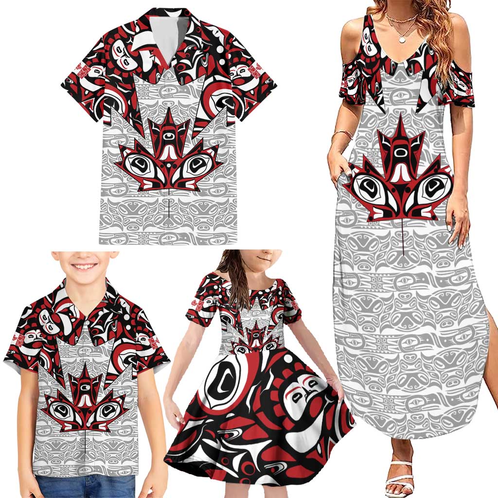 Canada Family Matching Summer Maxi Dress and Hawaiian Shirt Haida Art-Inspired Pattern Design