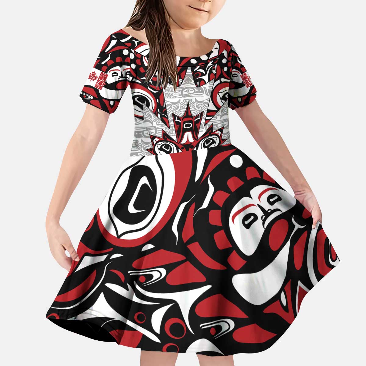 Canada Kid Short Sleeve Dress Haida Art-Inspired Pattern Design