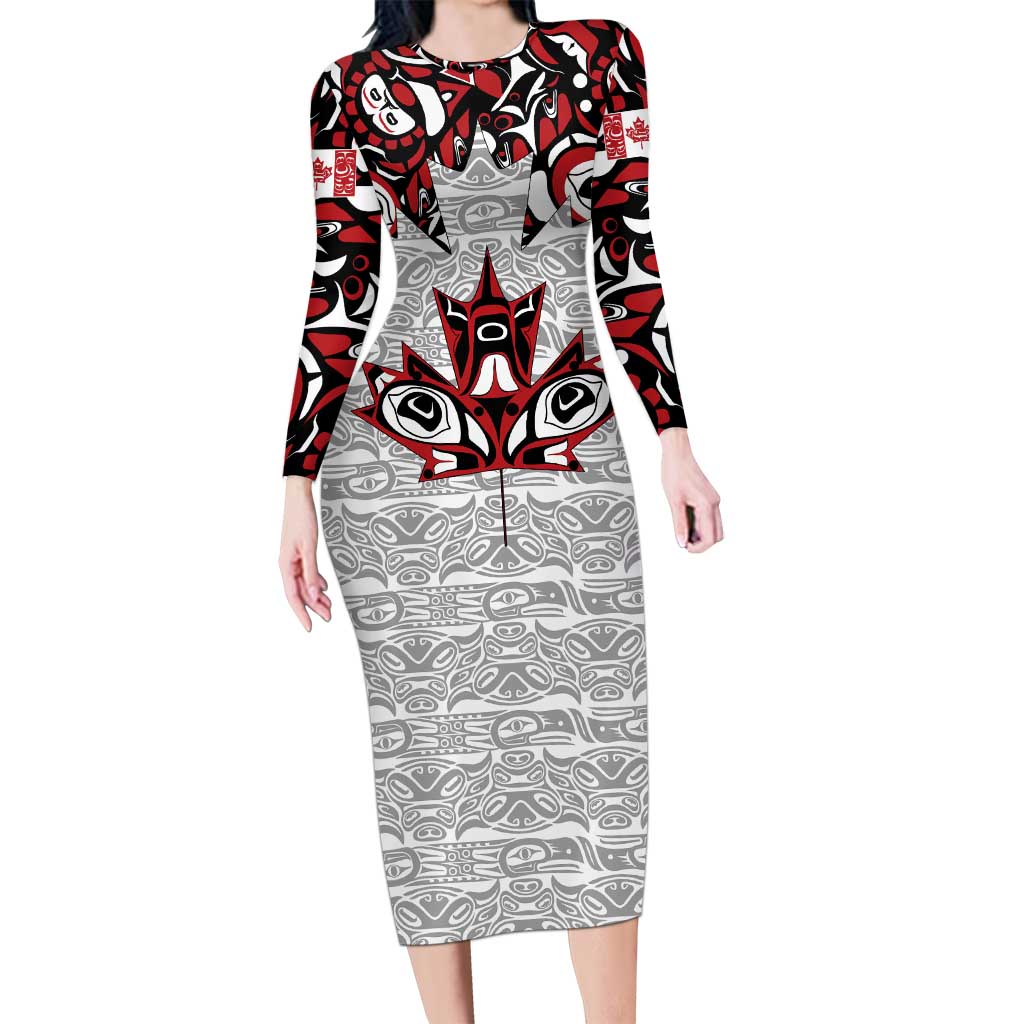 Canada Long Sleeve Bodycon Dress Haida Art-Inspired Pattern Design