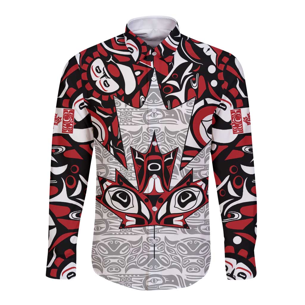 Canada Long Sleeve Button Shirt Haida Art-Inspired Pattern Design