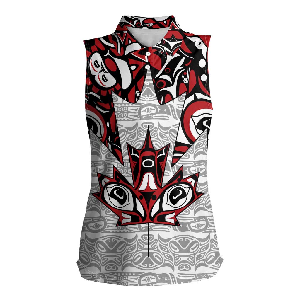 Canada Women Sleeveless Polo Shirt Haida Art-Inspired Pattern Design