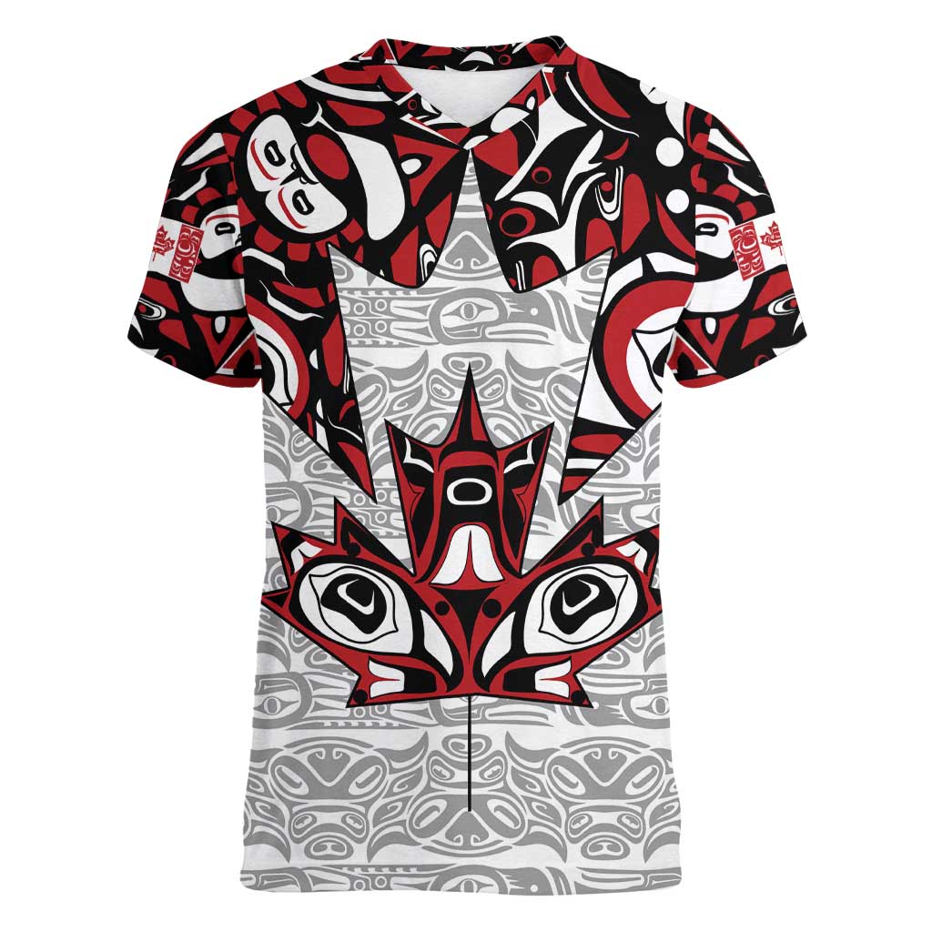 Canada Women V-Neck T-Shirt Haida Art-Inspired Pattern Design