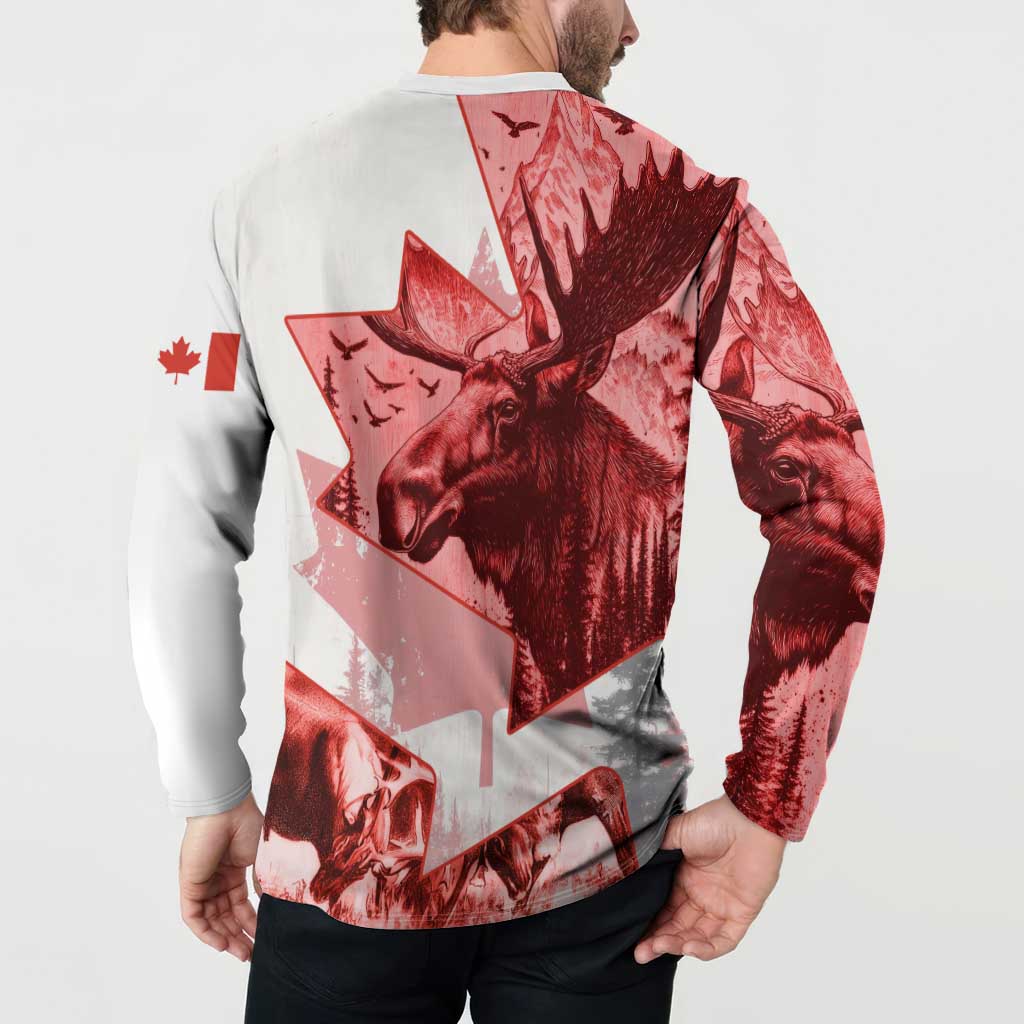 Canada Flag Button Sweatshirt Caribou Design with National Symbol