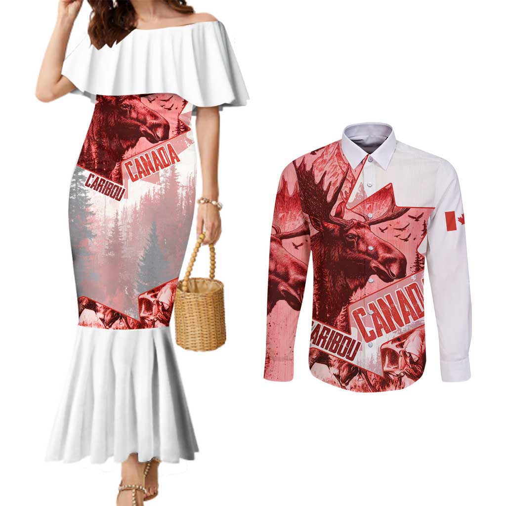 Canada Flag Couples Matching Mermaid Dress and Long Sleeve Button Shirt Caribou Design with National Symbol