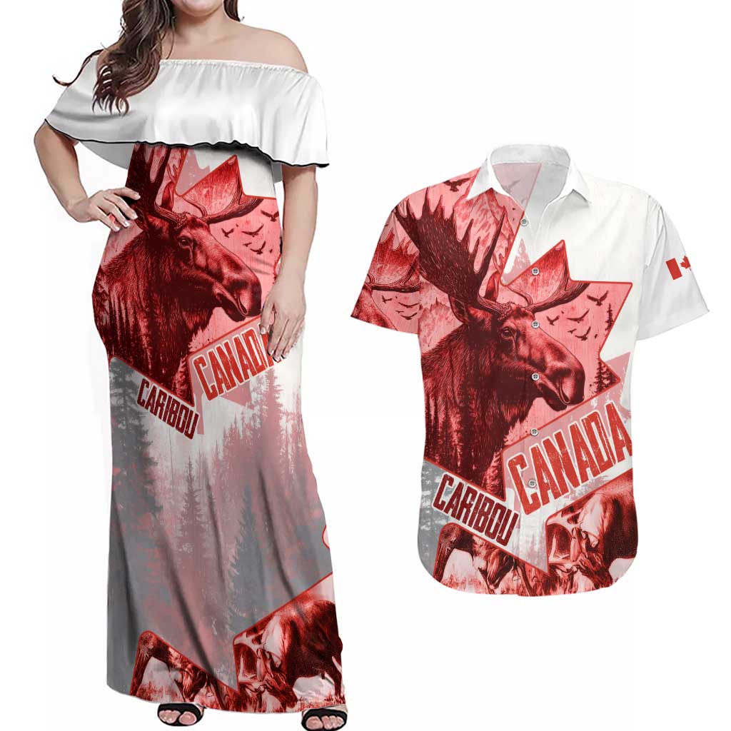 Canada Flag Couples Matching Off Shoulder Maxi Dress and Hawaiian Shirt Caribou Design with National Symbol