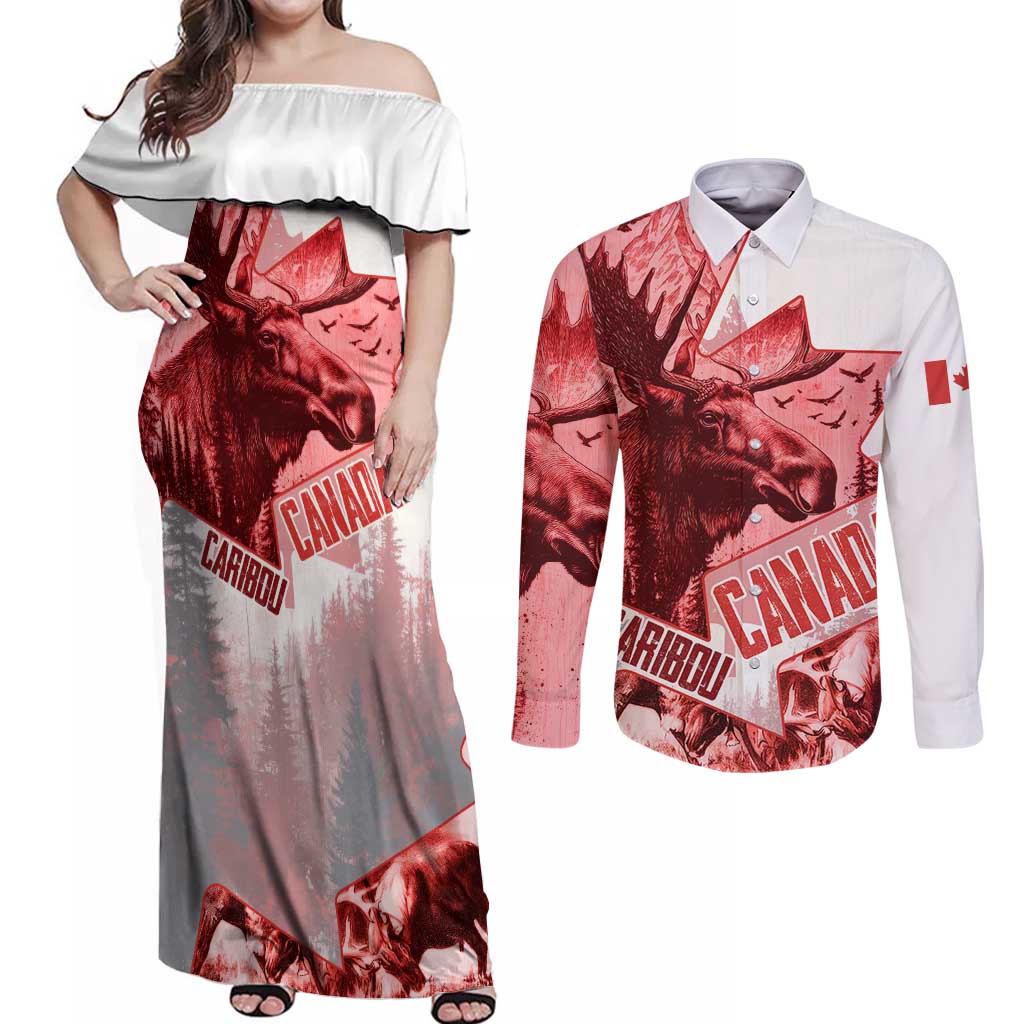 Canada Flag Couples Matching Off Shoulder Maxi Dress and Long Sleeve Button Shirt Caribou Design with National Symbol