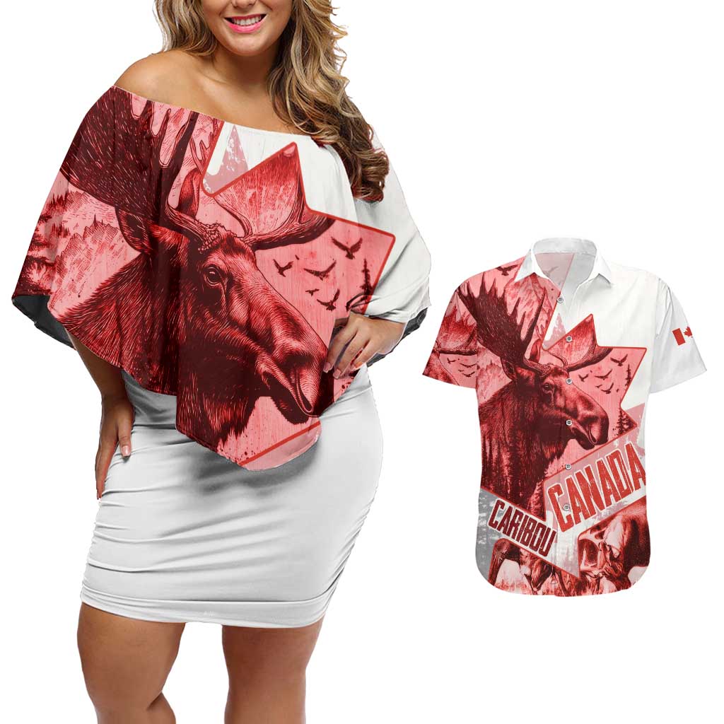 Canada Flag Couples Matching Off Shoulder Short Dress and Hawaiian Shirt Caribou Design with National Symbol