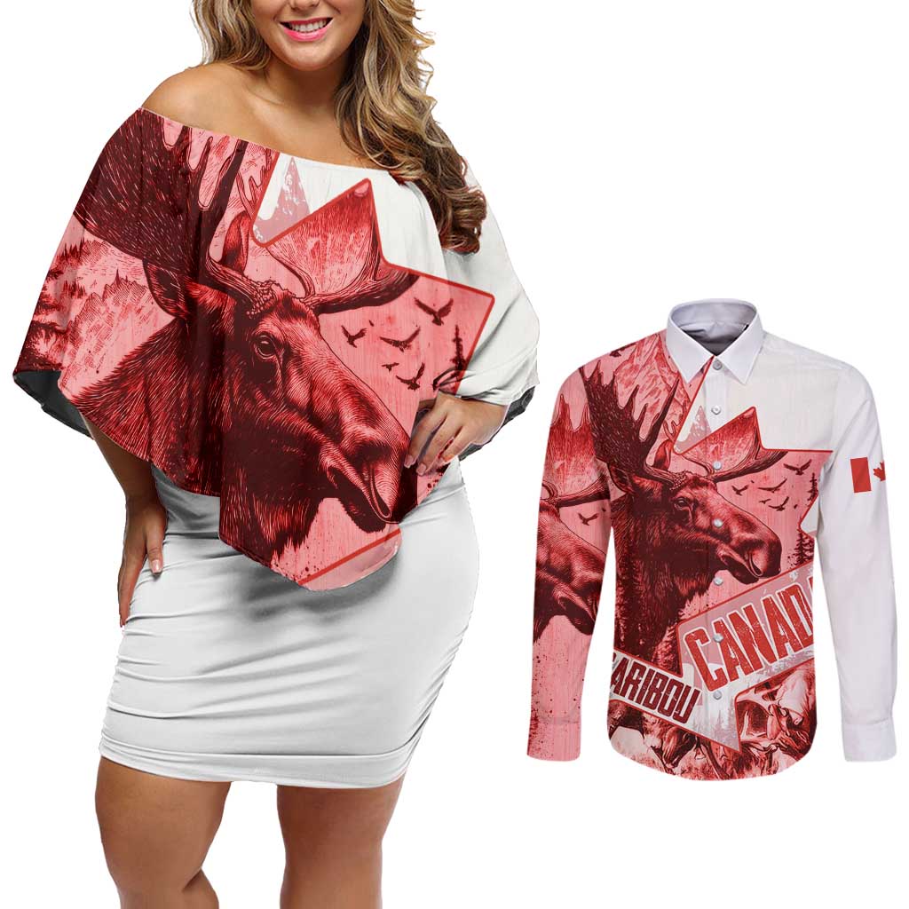 Canada Flag Couples Matching Off Shoulder Short Dress and Long Sleeve Button Shirt Caribou Design with National Symbol