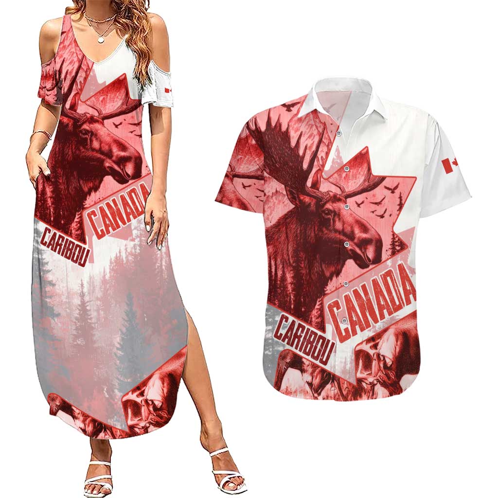 Canada Flag Couples Matching Summer Maxi Dress and Hawaiian Shirt Caribou Design with National Symbol