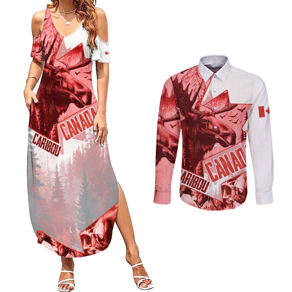 Canada Flag Couples Matching Summer Maxi Dress and Long Sleeve Button Shirt Caribou Design with National Symbol