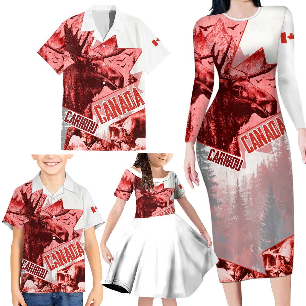 Canada Flag Family Matching Long Sleeve Bodycon Dress and Hawaiian Shirt Caribou Design with National Symbol