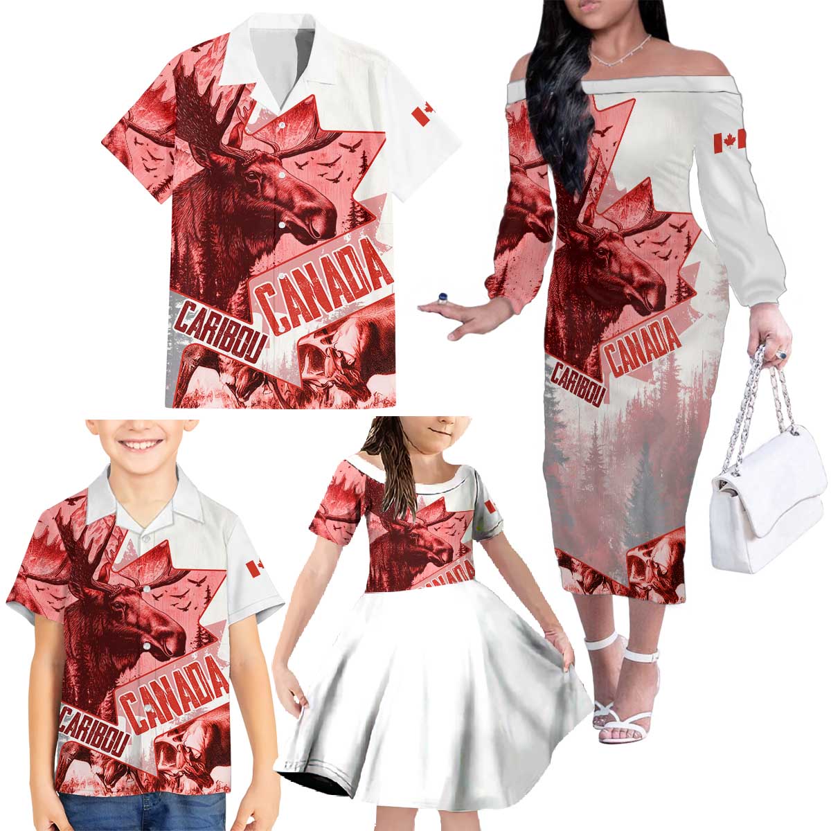 Canada Flag Family Matching Off The Shoulder Long Sleeve Dress and Hawaiian Shirt Caribou Design with National Symbol