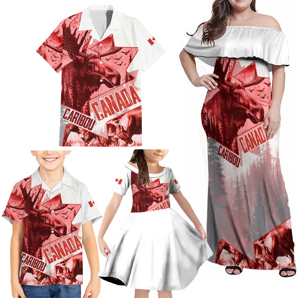 Canada Flag Family Matching Off Shoulder Maxi Dress and Hawaiian Shirt Caribou Design with National Symbol