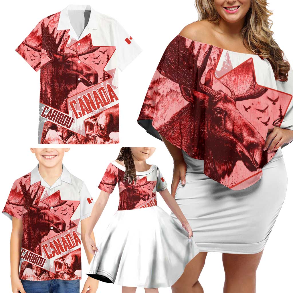 Canada Flag Family Matching Off Shoulder Short Dress and Hawaiian Shirt Caribou Design with National Symbol