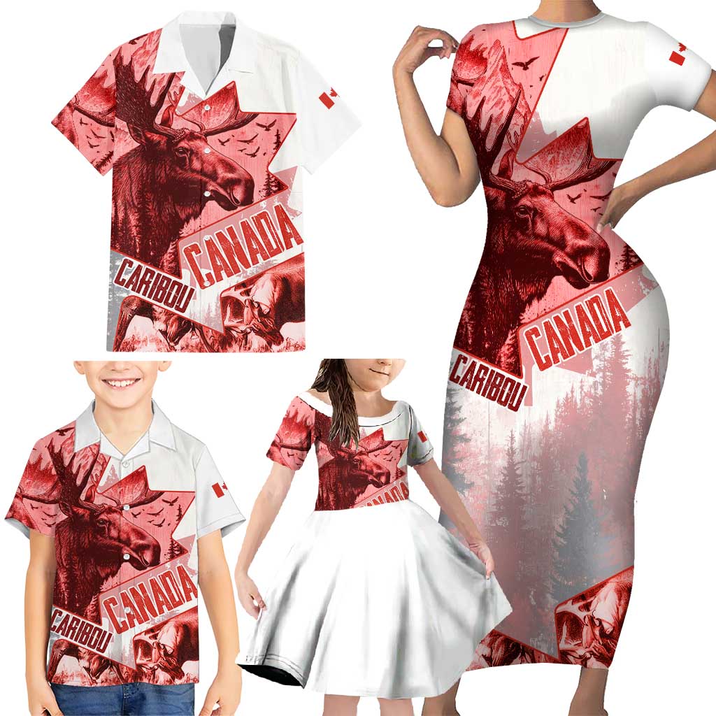 Canada Flag Family Matching Short Sleeve Bodycon Dress and Hawaiian Shirt Caribou Design with National Symbol