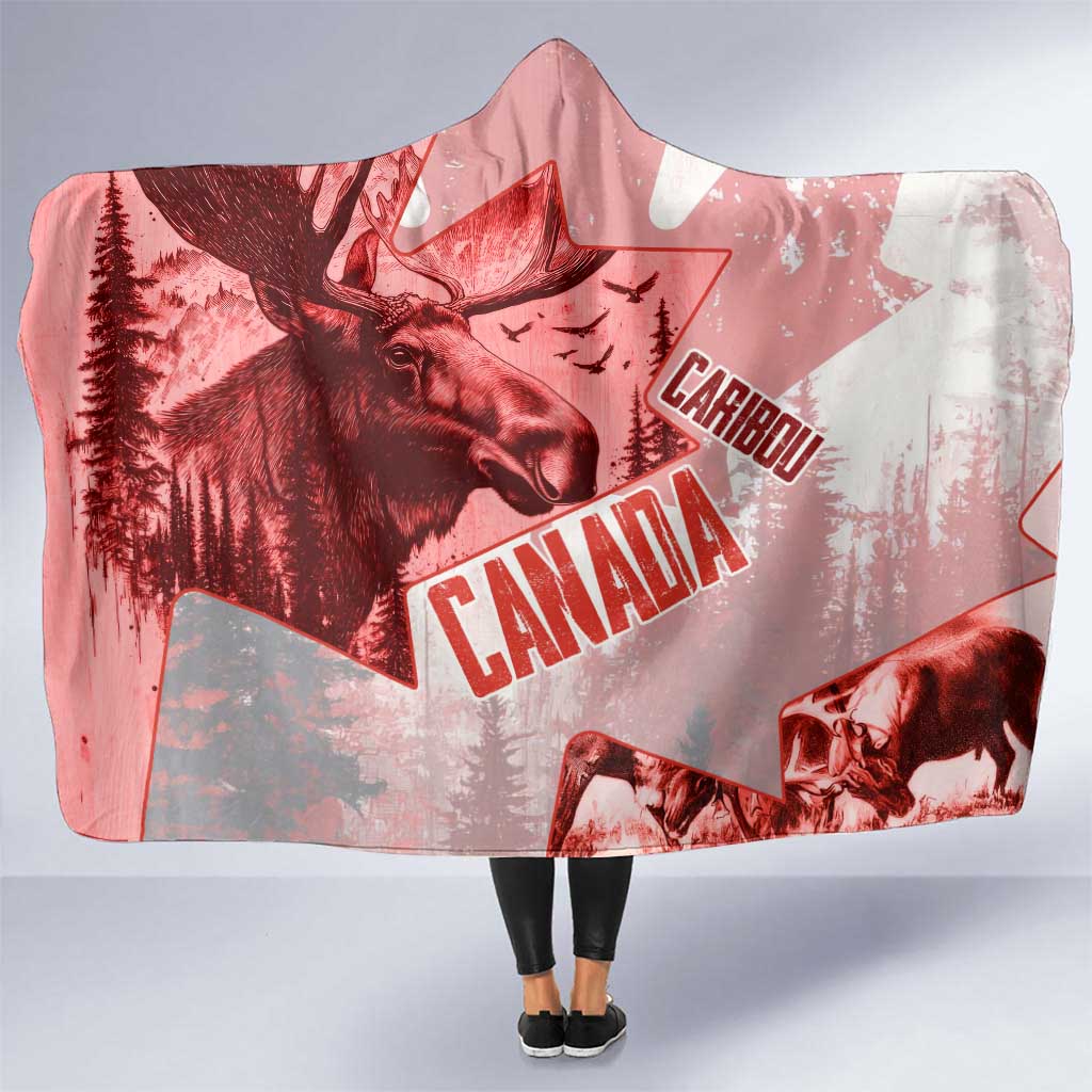 Canada Flag Hooded Blanket Caribou Design with National Symbol