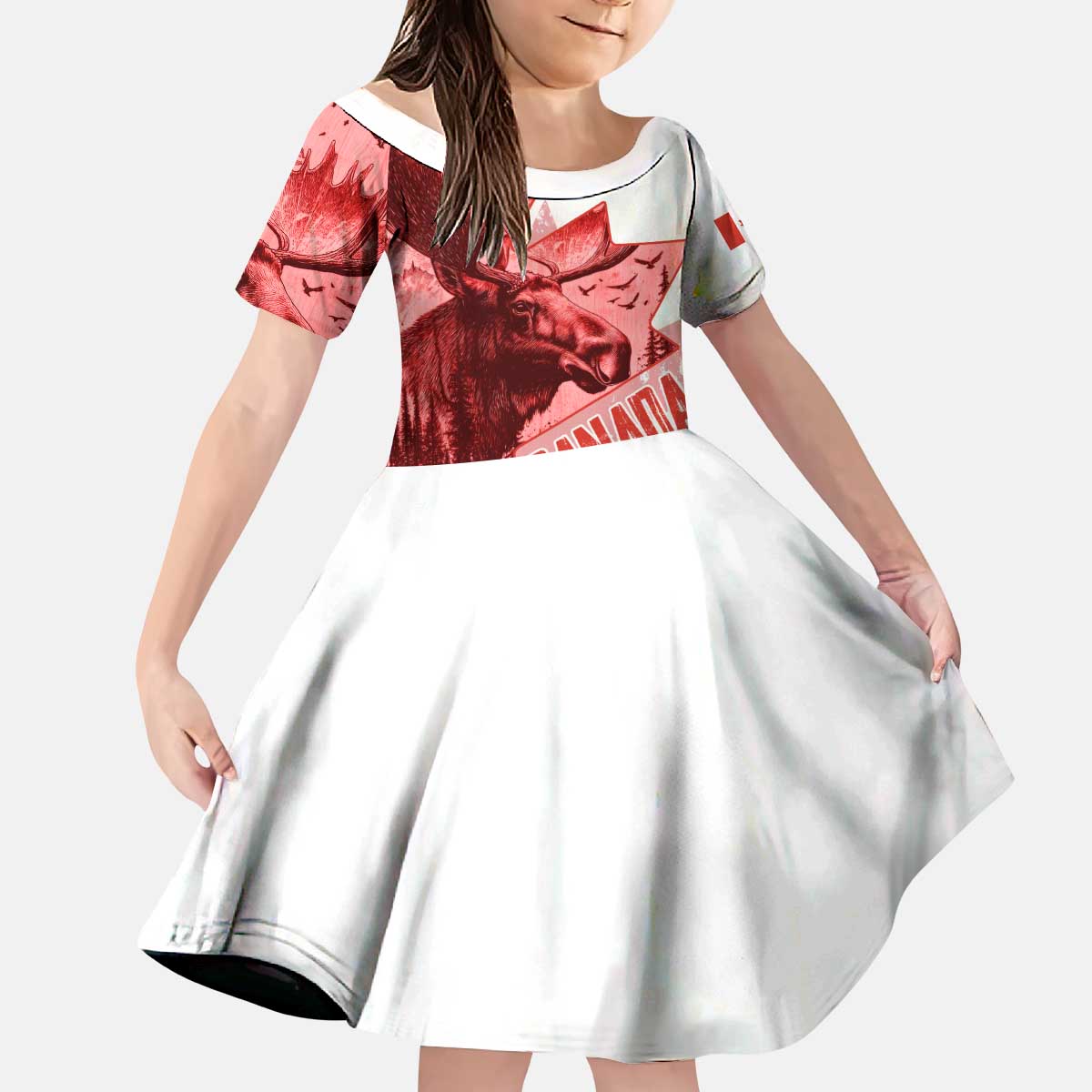 Canada Flag Kid Short Sleeve Dress Caribou Design with National Symbol