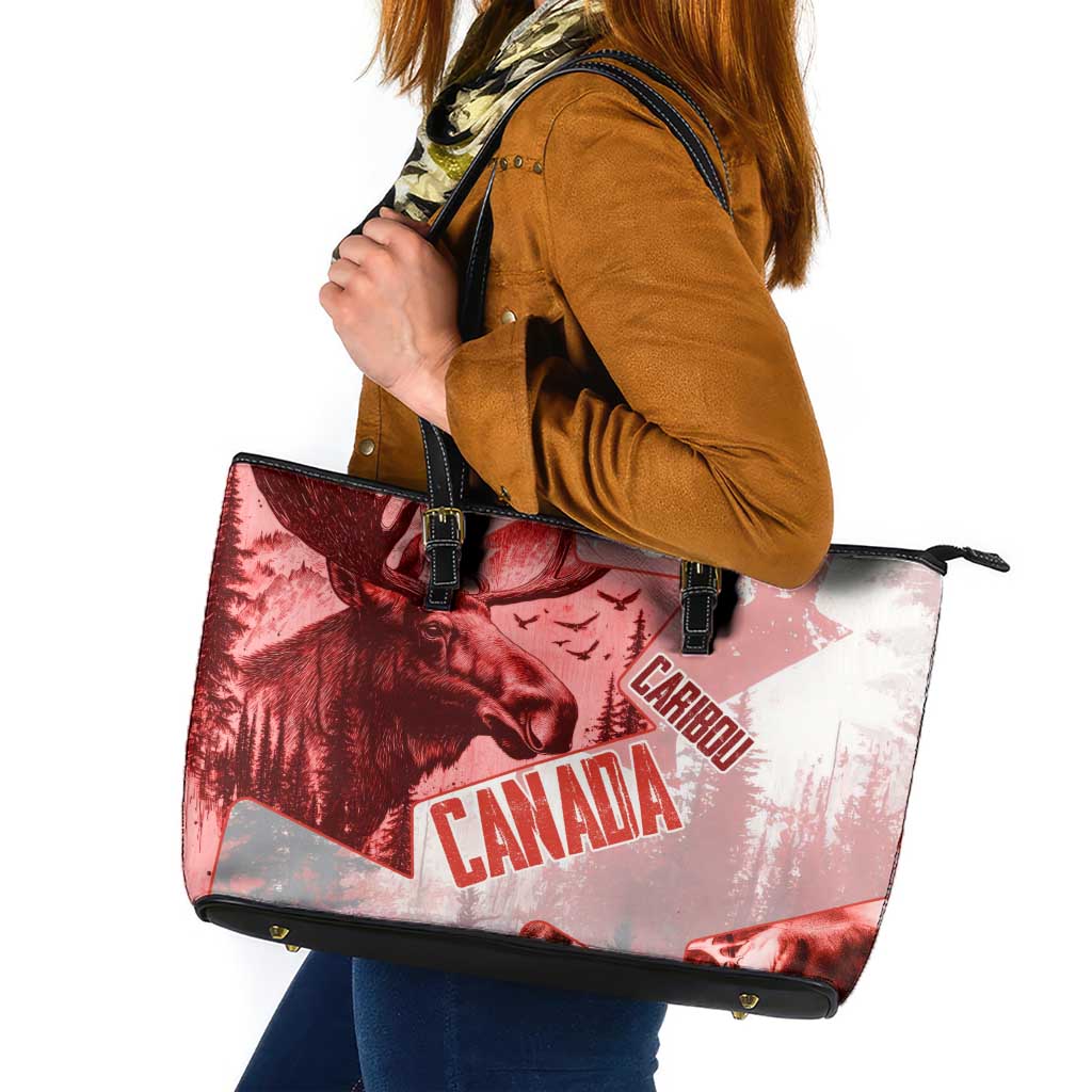 Canada Flag Leather Tote Bag Caribou Design with National Symbol