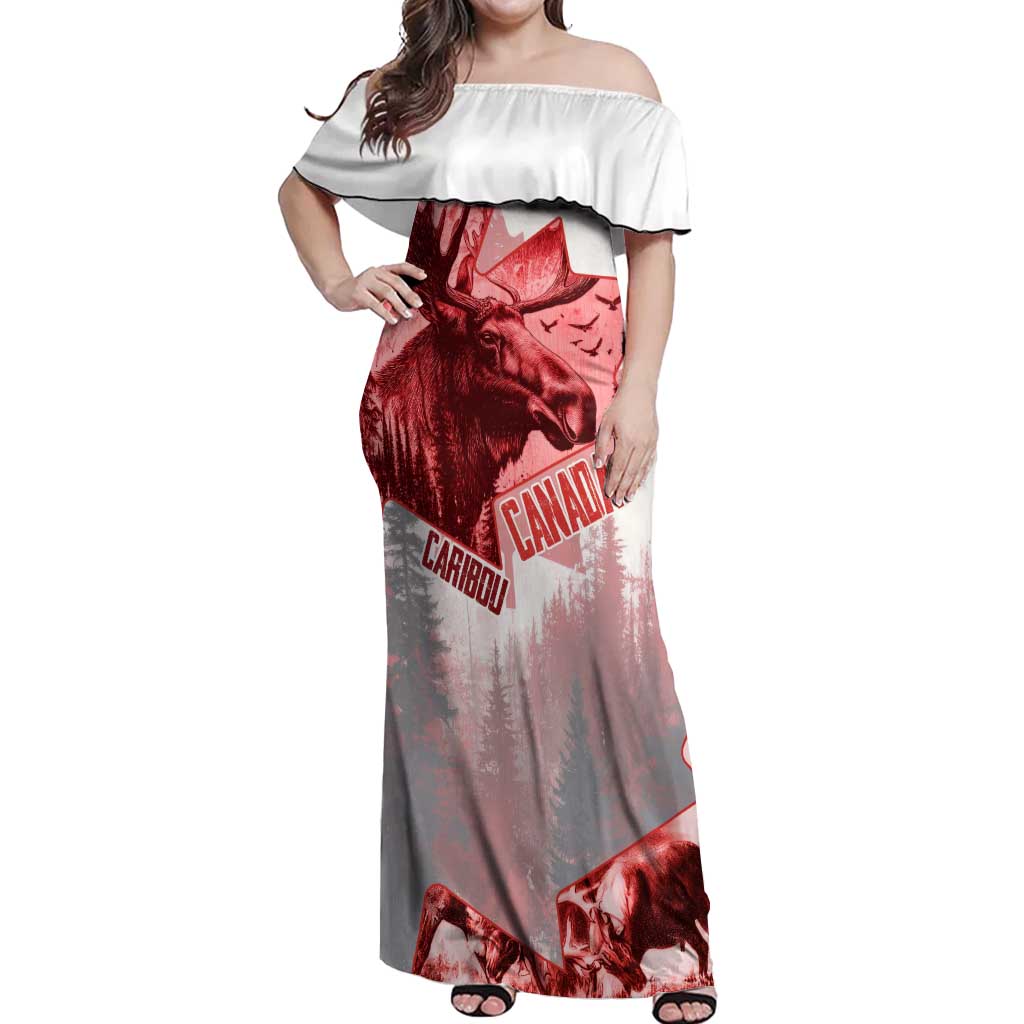 Canada Flag Off Shoulder Maxi Dress Caribou Design with National Symbol