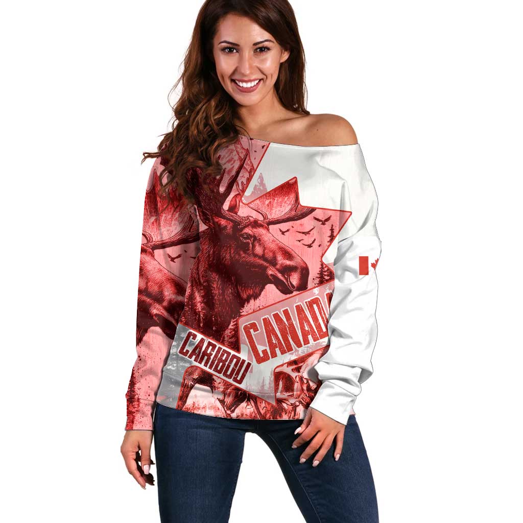 Canada Flag Off Shoulder Sweater Caribou Design with National Symbol