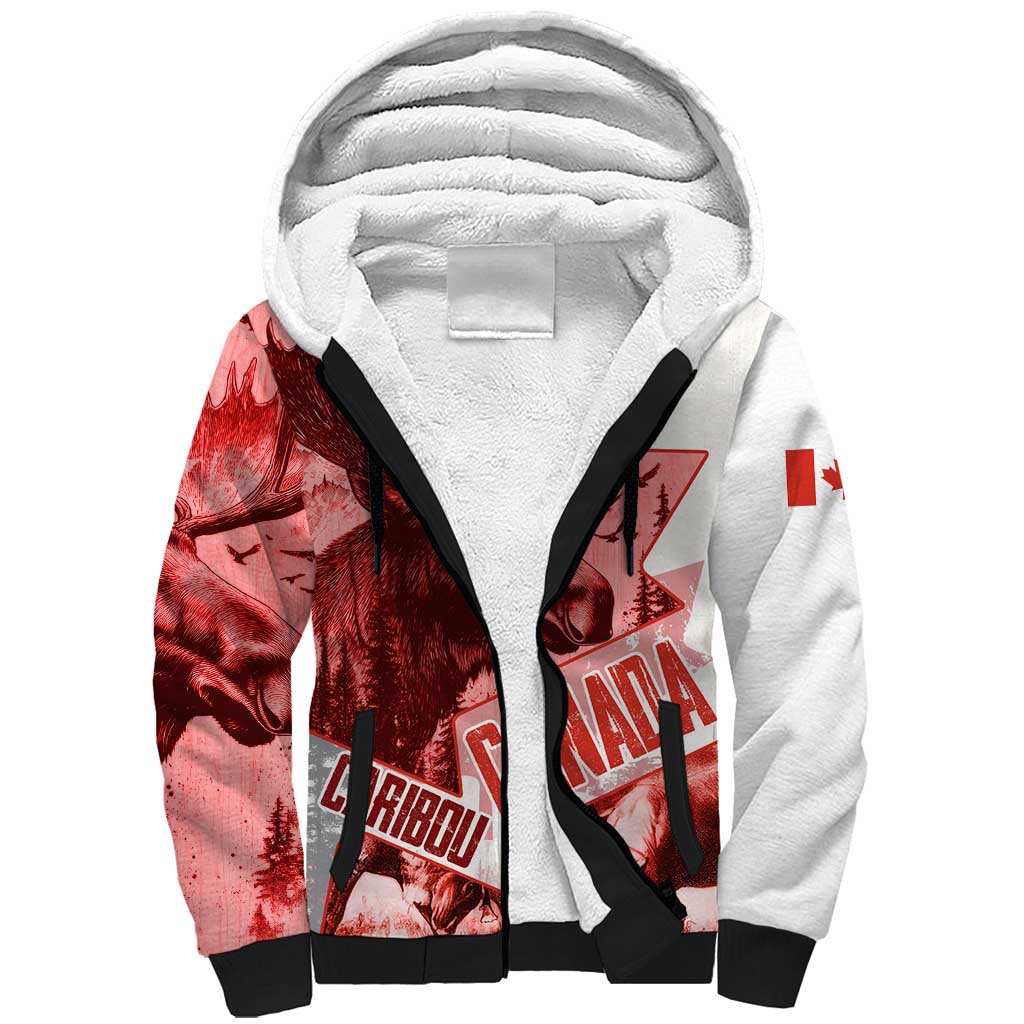 Canada Flag Sherpa Hoodie Caribou Design with National Symbol