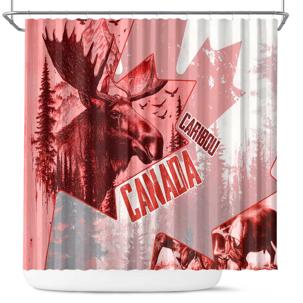 Canada Flag Shower Curtain Caribou Design with National Symbol