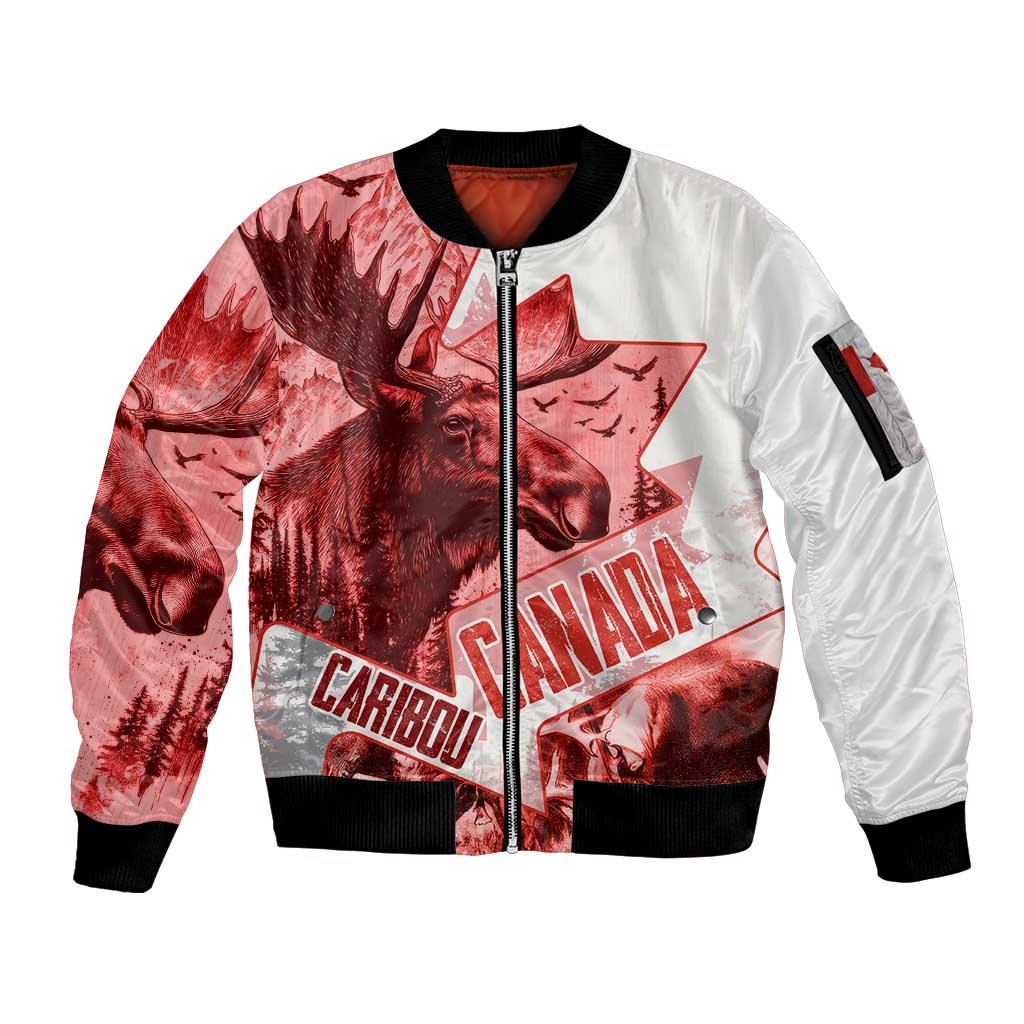 Canada Flag Sleeve Zip Bomber Jacket Caribou Design with National Symbol