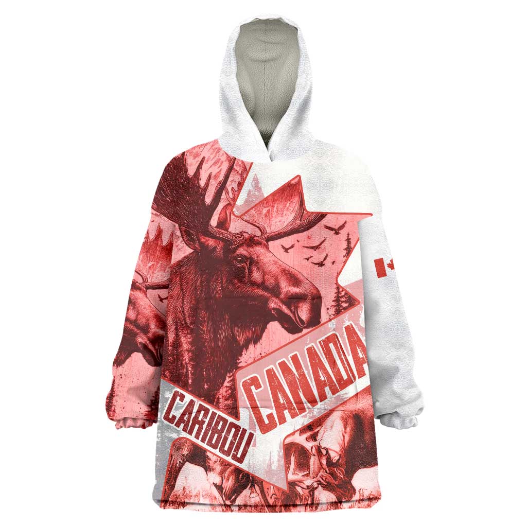 Canada Flag Wearable Blanket Hoodie Caribou Design with National Symbol