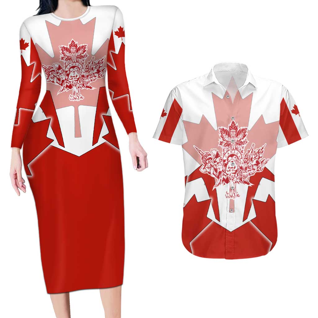 Canada Flag Couples Matching Long Sleeve Bodycon Dress and Hawaiian Shirt National Map & Symbolic Design