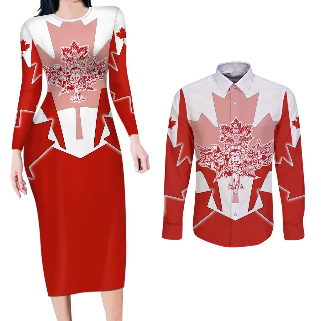 Canada Flag Couples Matching Long Sleeve Bodycon Dress and Long Sleeve Button Shirt National Map & Symbolic Design