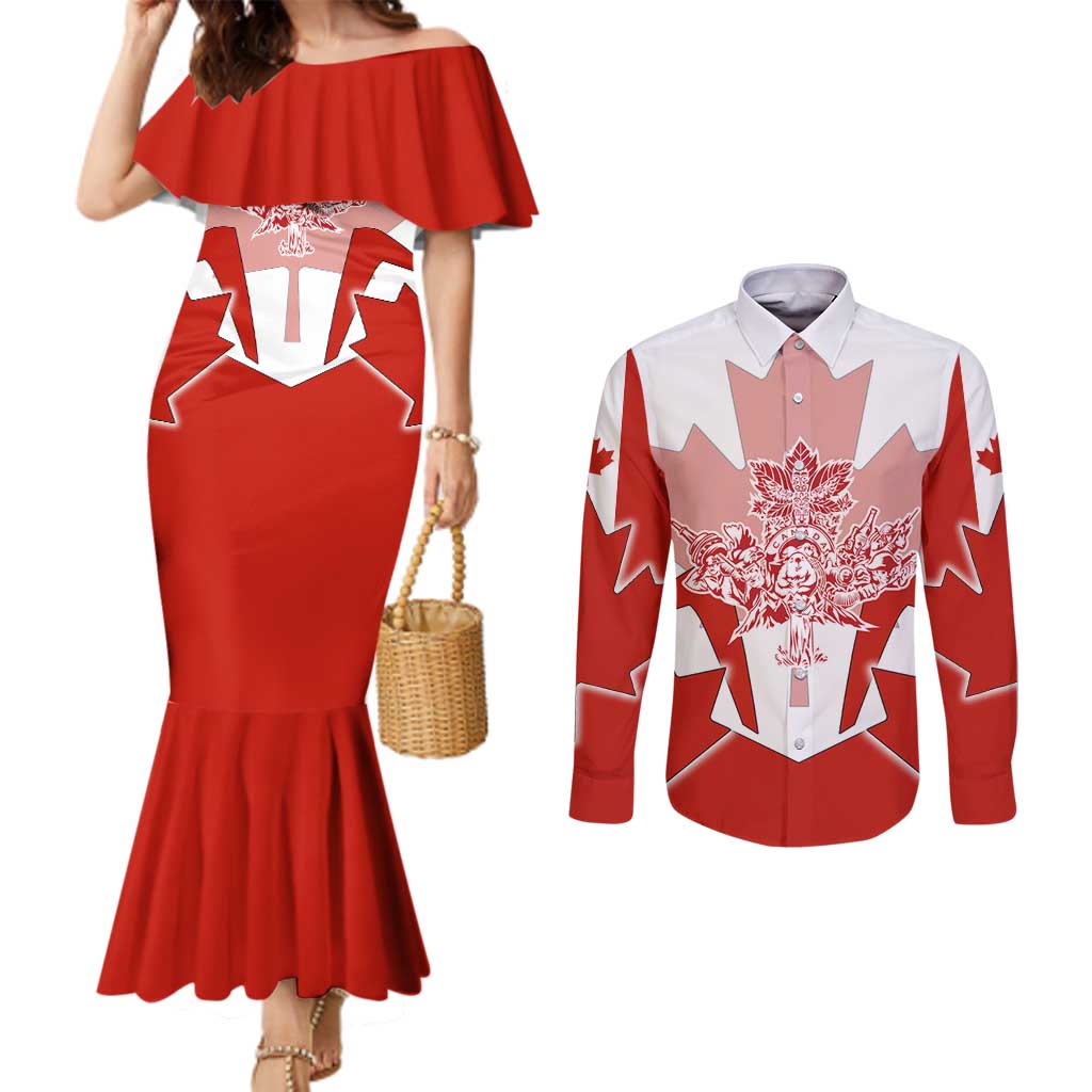 Canada Flag Couples Matching Mermaid Dress and Long Sleeve Button Shirt National Map & Symbolic Design