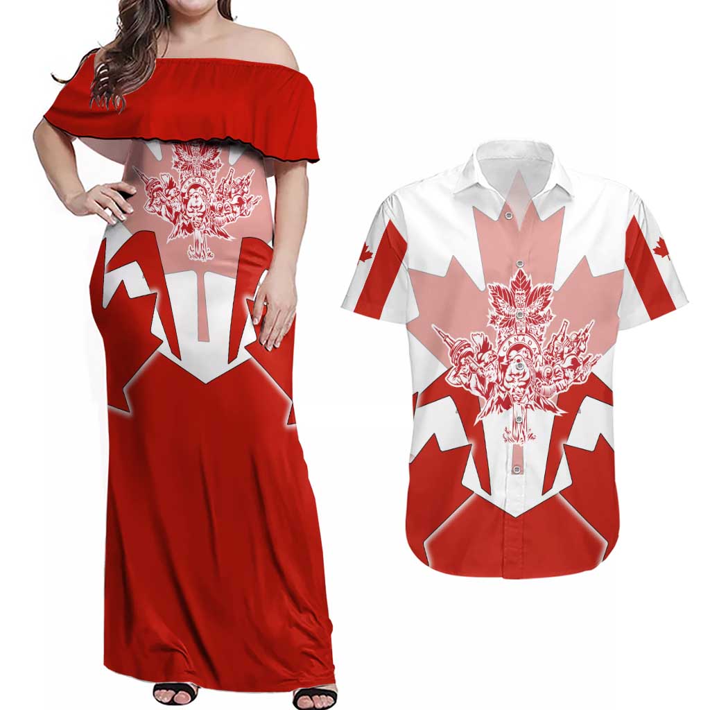 Canada Flag Couples Matching Off Shoulder Maxi Dress and Hawaiian Shirt National Map & Symbolic Design