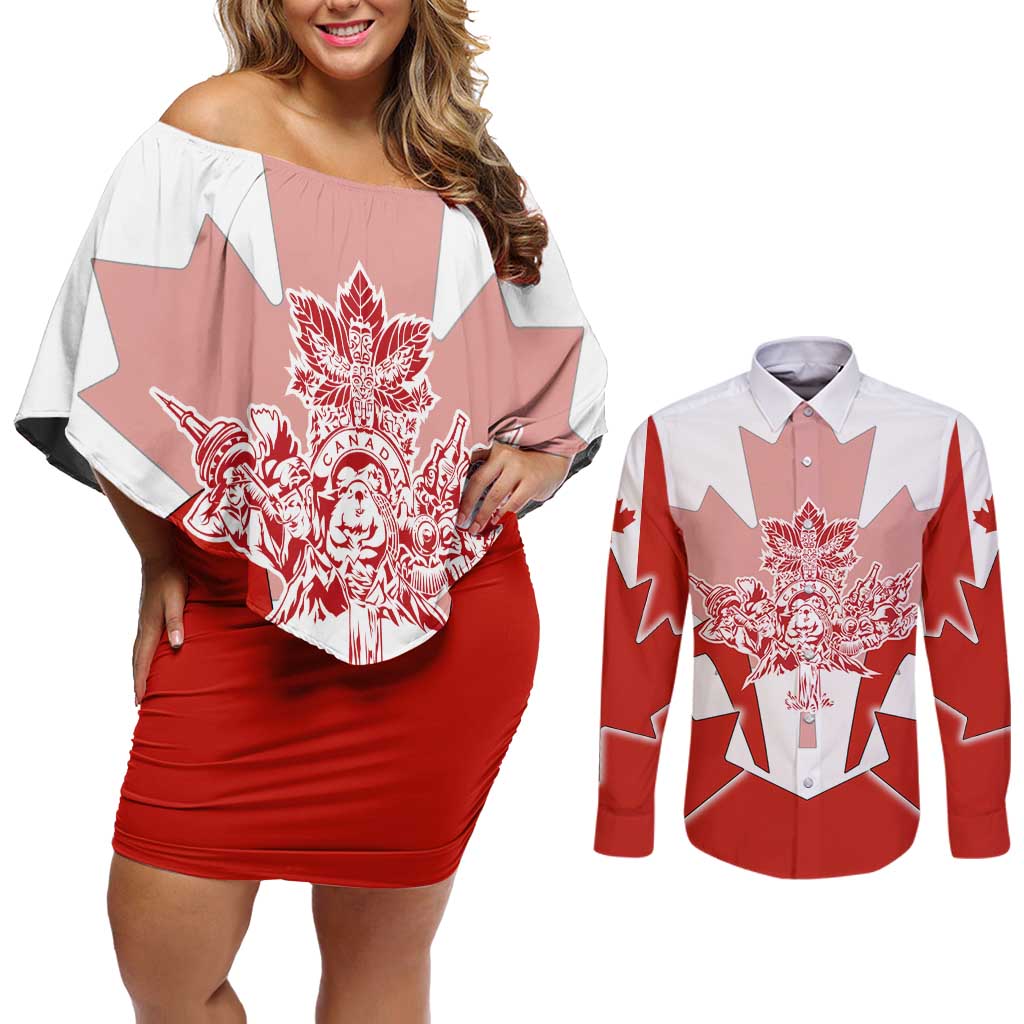 Canada Flag Couples Matching Off Shoulder Short Dress and Long Sleeve Button Shirt National Map & Symbolic Design