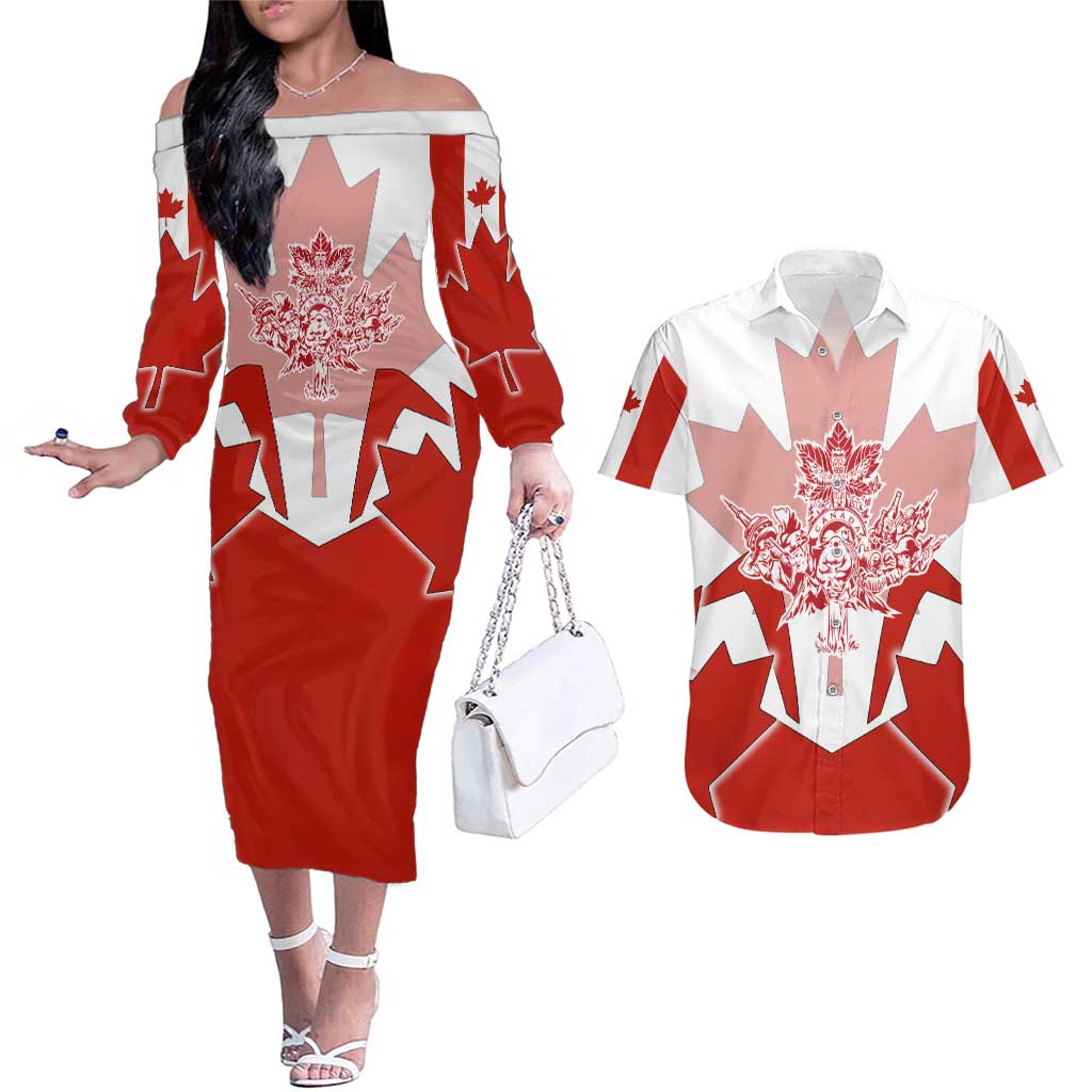 Canada Flag Couples Matching Off The Shoulder Long Sleeve Dress and Hawaiian Shirt National Map & Symbolic Design