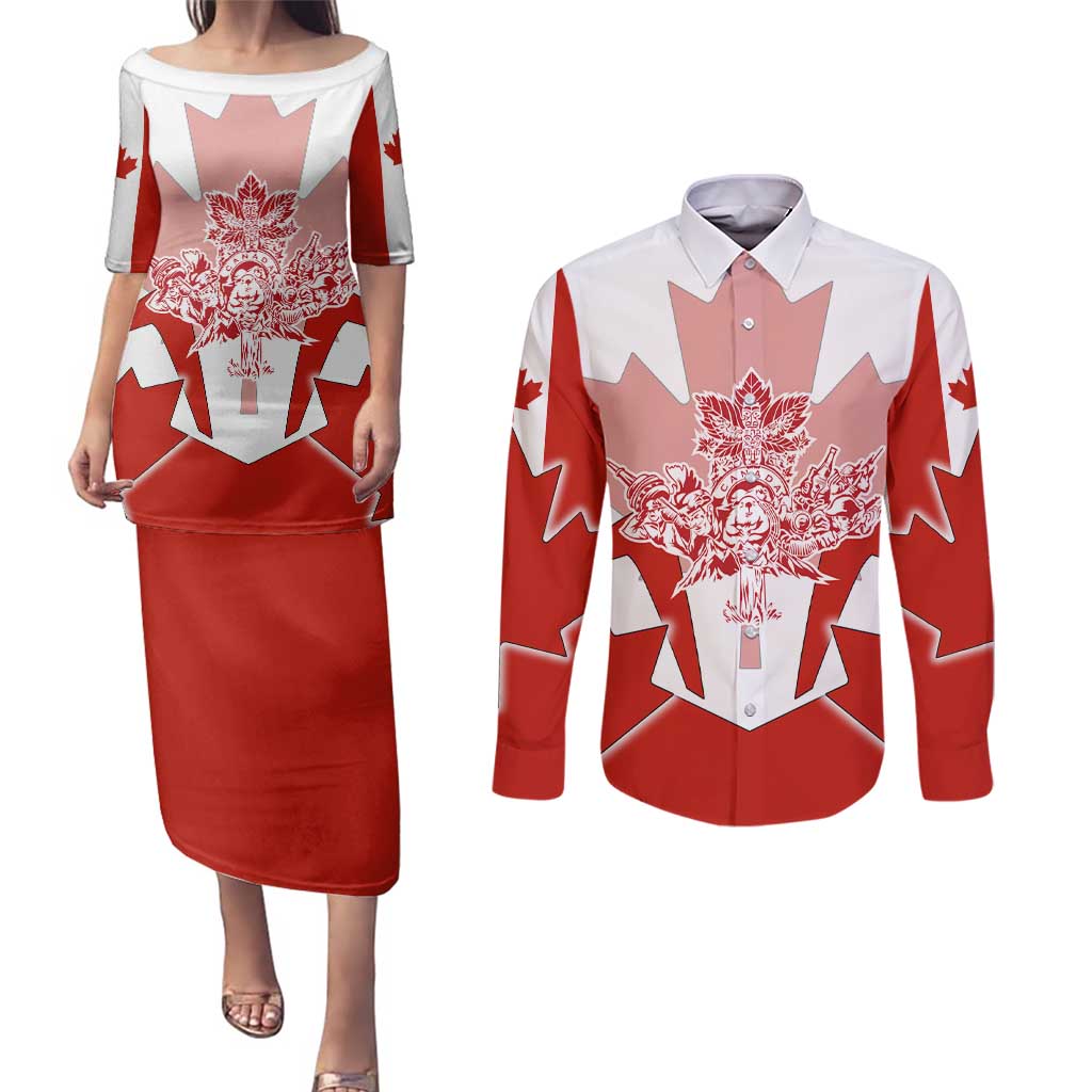 Canada Flag Couples Matching Puletasi and Long Sleeve Button Shirt National Map & Symbolic Design