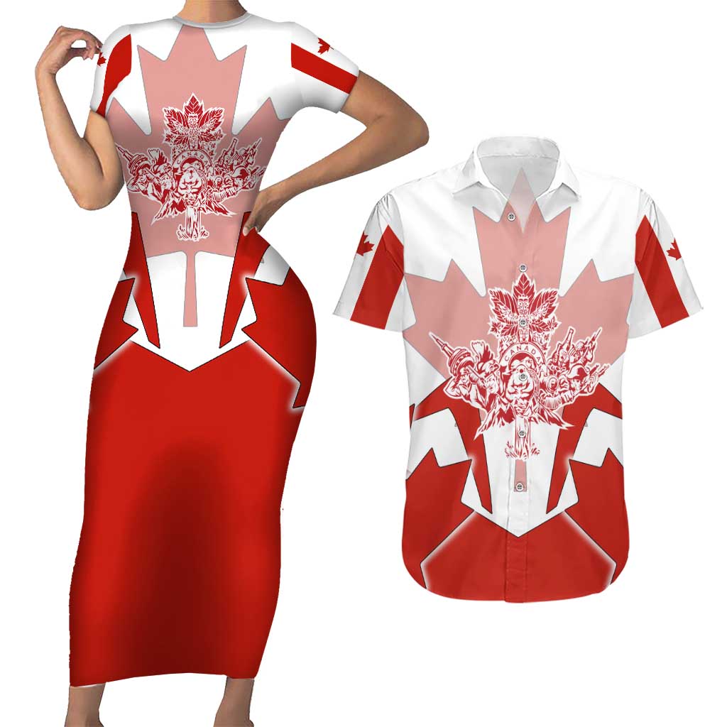 Canada Flag Couples Matching Short Sleeve Bodycon Dress and Hawaiian Shirt National Map & Symbolic Design