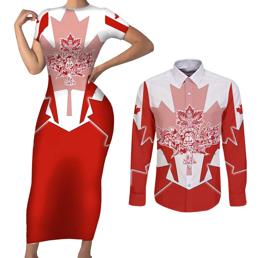 Canada Flag Couples Matching Short Sleeve Bodycon Dress and Long Sleeve Button Shirt National Map & Symbolic Design