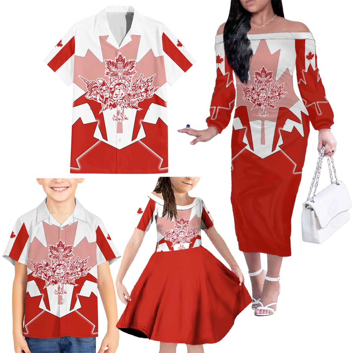 Canada Flag Family Matching Off The Shoulder Long Sleeve Dress and Hawaiian Shirt National Map & Symbolic Design