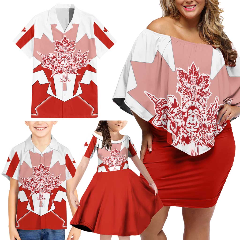 Canada Flag Family Matching Off Shoulder Short Dress and Hawaiian Shirt National Map & Symbolic Design