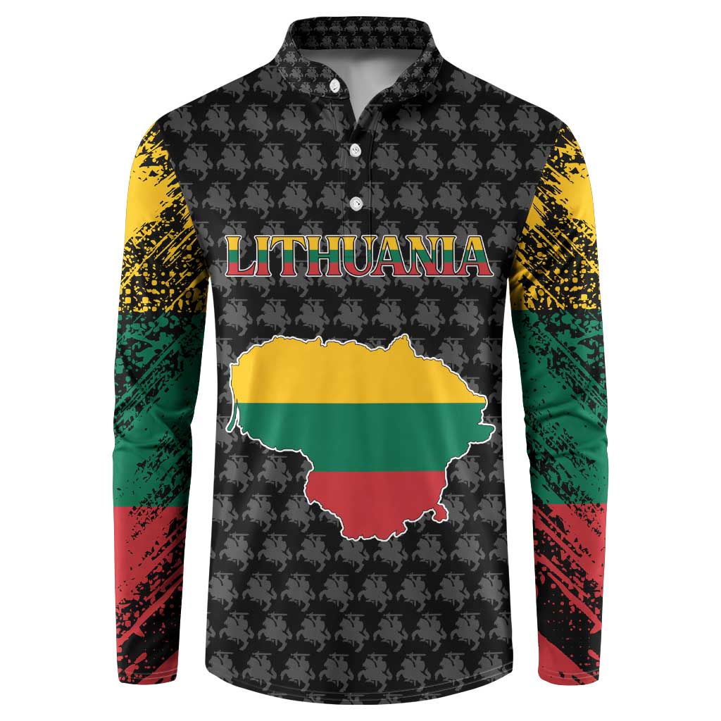 Men's black button-up sweatshirt with Lithuania text and multicolor map graphic