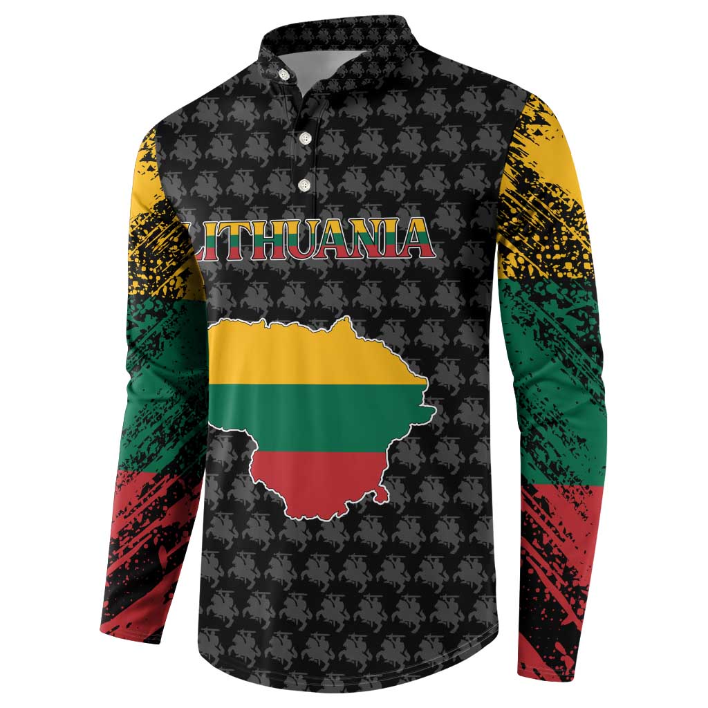 Men's black button-up sweatshirt with Lithuania map centered on chest