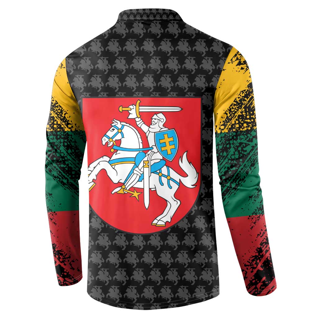 Men's black button-up sweatshirt with coat of arms crest on back
