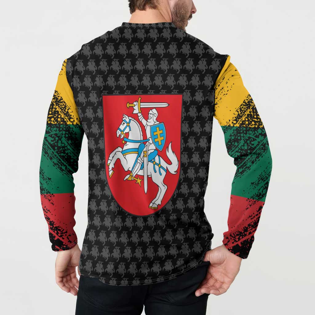 Men's black button-up sweatshirt with coat of arms crest on back, full-body view