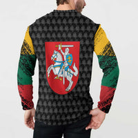 Men's black button-up sweatshirt with coat of arms crest on back, full-body view