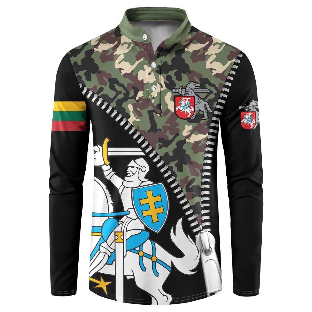 Camouflage button-front sweatshirt with black sleeves and crest badge graphic on chest
