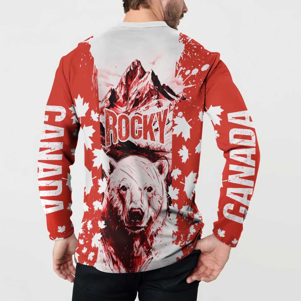 Canada Bear Button Sweatshirt with Maple Leaf and Rocky Mountain Design