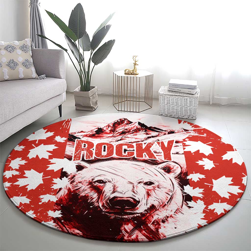 Canada Bear Round Carpet with Maple Leaf and Rocky Mountain Design