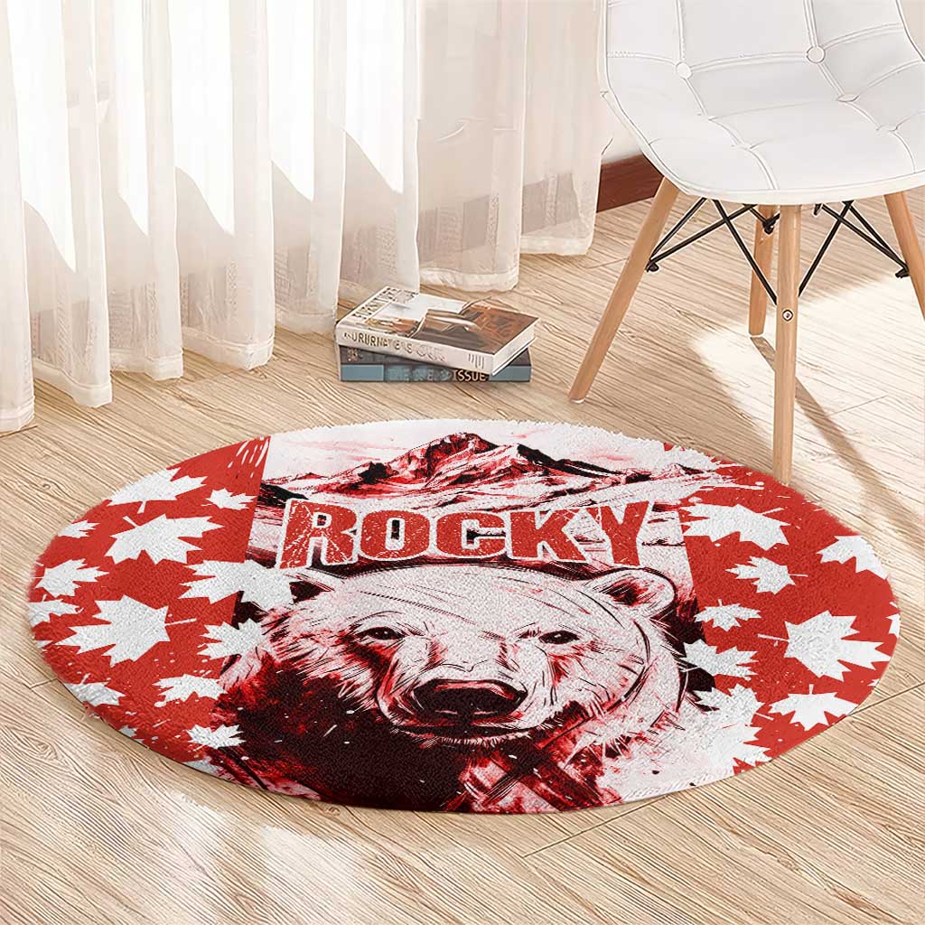 Canada Bear Round Carpet with Maple Leaf and Rocky Mountain Design
